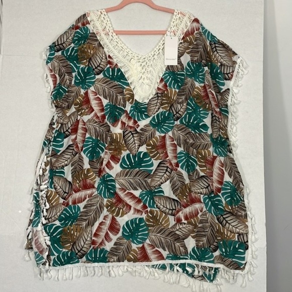 Ekouaer Swim Cover Up NWT Tassel Hem, Crochet Trim, White Tropical One Size